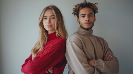 Confident young man woman with arms crossed portrait image. Interracial couple in casual attire picture photorealistic photography. Exuding confidence and poise concept photo realistic