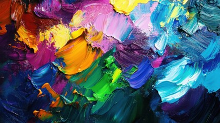 Poster - A vibrant palette holds bright paint colors while brushstrokes create an abstract work of art on a canvas in an artistic setting. Generative AI