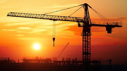 Construction Crane Silhouette Against a Vivid Sunset