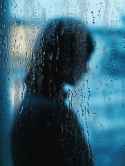 Aufkleber - A lone figure stands by a rain-streaked window, lost in thought as droplets cascade down, enveloping the atmosphere in melancholy. Generative AI