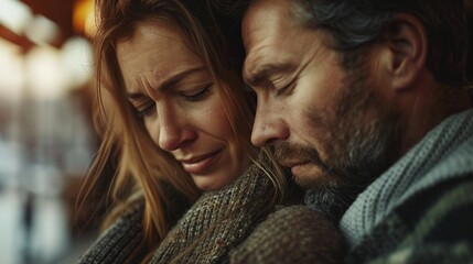 mature couple hugging closely in sorrow moment closeup image. eyes closed spouses embracing with fur