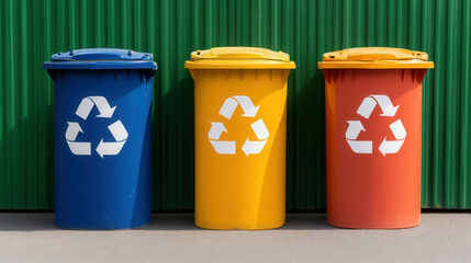 A 3D recycle bin icon in blue,yellow and red, representing an eco-friendly container for waste, symbol