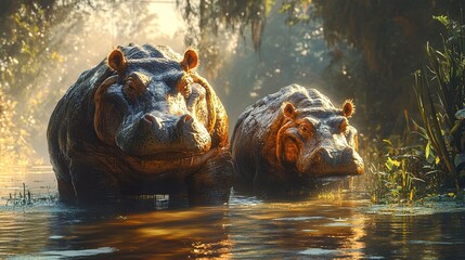 Wall Mural - Two Hippos in a River: A Tranquil Scene in the African Jungle