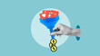 © Andrii - Sales funnel and Conversion rate. Likes, comments, subscriptions bring money on social networks. Collage with funnel and coins