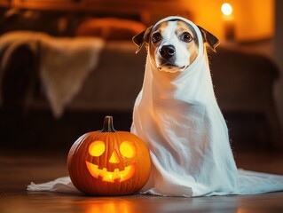 Dog in ghost costume beside pumpkin looking up