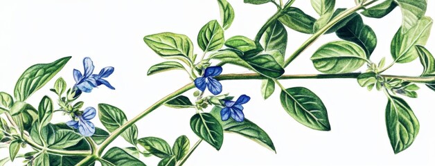 Arrangement of yellow flowers and wild herbs on a branch. Illustration in watercolor.