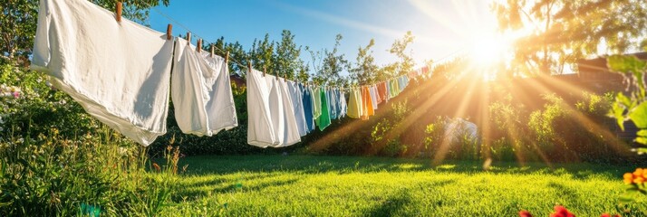 Wall Mural - Bright sunlight illuminates a lovely garden where colorful clothing and white sheets hang on a clothesline, dancing in the gentle breeze. Generative AI