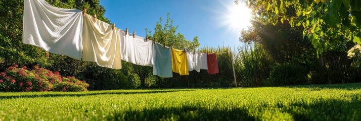 Wall Mural - Bright clothes and white sheets flap gently on a clothesline in a sunny, tranquil garden surrounded by lush greenery. Generative AI