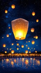 Watercolor image of people sending wishes for New Year 2025 with glowing lanterns in the night sky, [hope and light], [new beginnings]