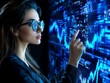© Aventurine - Watercolor painting of a businesswoman analyzing stock market trends on a futuristic digital screen, [stock analysis], [modern finance]