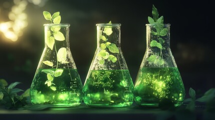 Wall Mural - Green background with plant structure and chemical formulas.