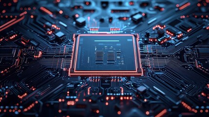 Minimal circuit board patterns, dark background with neon highlights, Tech Background, Futuristic hardware aesthetics