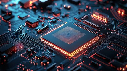Minimal circuit board patterns, dark background with neon highlights, Tech Background, Futuristic hardware aesthetics