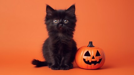 long-haired black kitten with jack o' lantern on an orange background