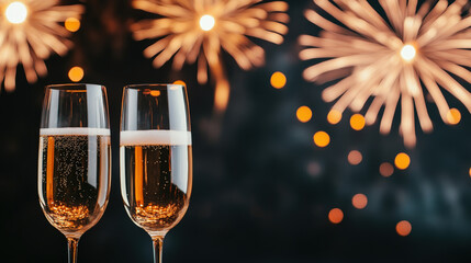 Gold flutes of champagne clink together in a festive toast as fireworks light up the night sky, celebrating a new year