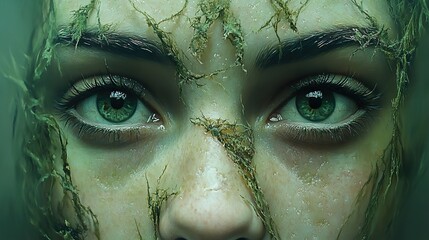 Wall Mural - Close-up of a Woman's Face with Green Eyes and Vines