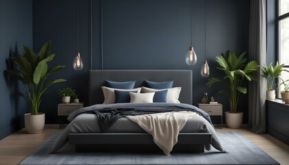 A modern and stylish bedroom with a dark gray upholstered bed frame, plush bedding in neutral tones, and two pendant lights hanging above the bed.