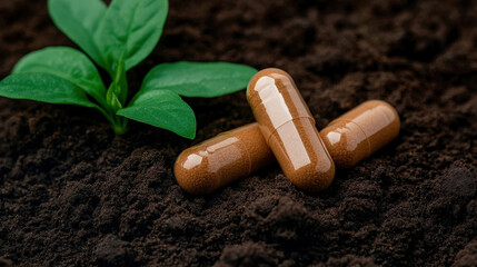 Vitamin capsules scattered on fertile soil, symbolizing nutrient-rich farming practices, agricultural supplements, plant health.