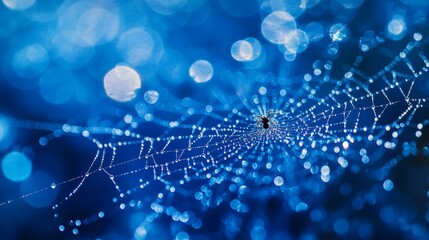 Close up of a spider web adorned with dew drops and a spider at its center against a blue background