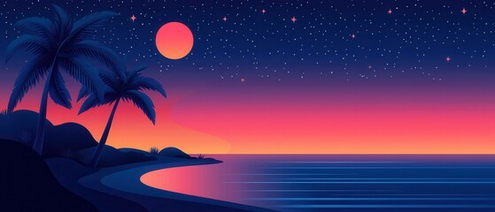 Sticker - Stunning Tropical Beach Sunset with Starry Sky and Palm Trees - Perfect Weather Conditions and Climate Illustration