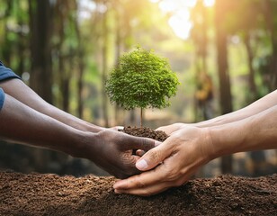 Two hands holding small green tree plant planted in forest nature soil, diversity, black and white skin, Caucasian and African American man, environment ecology community, friendship growth