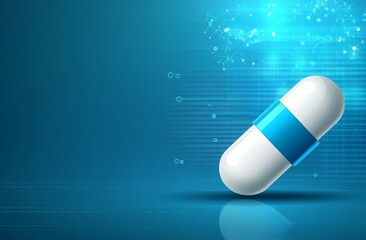 Blue and white glowing pill with digital technology background