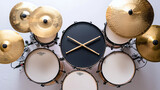 overhead view of a complete drum kit with cymbals