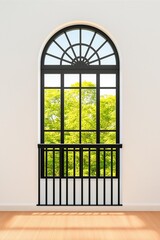 Wall Mural - A tall elegant arched window with black iron railing showcasing a lush green tree outside, reflecting natural light onto the wooden flooring inside the room.