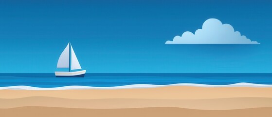 Sticker - Serene Beach Scene with Sailboat and Cloudy Sky Depicting Tranquil Weather Conditions and Climate