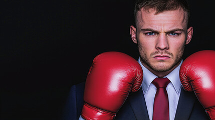 a businessman dressed in suit and tie wearing two red boxing gloves on a dark background, fighting brave entrepreneur concept