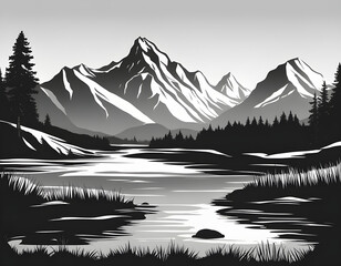 landscape with silhouettes of mountains and mountain rive black and white mountain vector illustrati