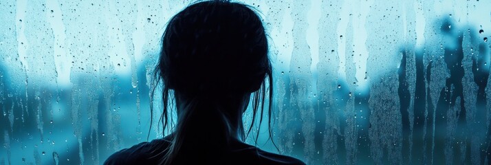 Aufkleber - A lone individual watches raindrops trickle down the window, enveloped in a melancholic atmosphere, embracing introspection and solitude. Generative AI