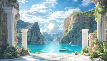 Wall Mural - The view from the terrace to the rocky shores portrayed digitally. Photo wallpapers.