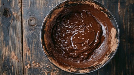 Making brownie cake dough in a big bowl with melted chocolate and cocoa powder on a dark wooden table.