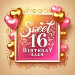 Wall Mural - Colorful Sweet 16 Birthday Bash invitation with pink and gold hearts and decorative elements.