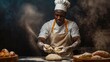 © Faxri - Professional dark-skinned male cook wearing an apron, preparing or baking bread at the kitchen table, dusting off his disheveled clothing, and isolated against a black chalk background. Baking idea
