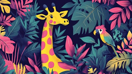 Poster - Vibrant retro jungle scene with giraffe and parrot in lush tropical foliage.