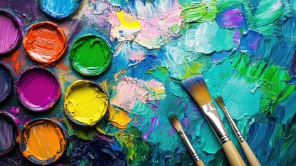 Poster - Bright splashes of paint fill the artist's palette, while brushes create lively abstract strokes on the canvas, showcasing creativity. Generative AI