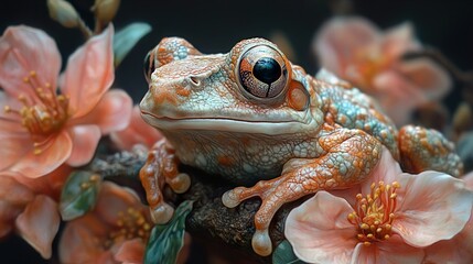 Close-Up of a Frog Resting on a Pink Flower