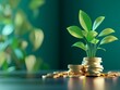 © auc - A vibrant plant grows from a stack of coins, symbolizing the concept of financial growth and sustainable investment.