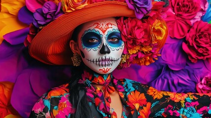 Colorful sugar skull makeup on woman in floral attire.