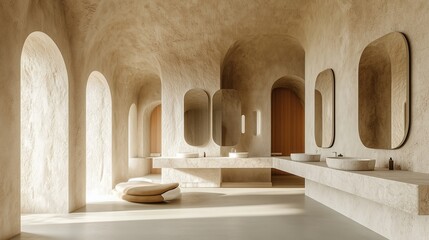 A bathroom with two mirrors, arched windows and an open space made of light-colored textured plaster walls.