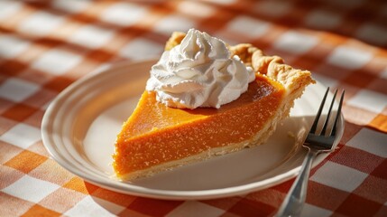 A slice of pumpkin pie with whipped cream on a white plate with a fork.