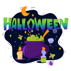 Happy Halloween sticker. Vector illustration with spooky text, a bubbling cauldron, skull, candle, and potion