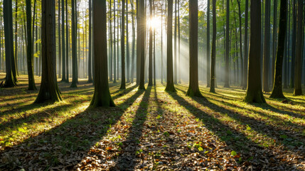 Wall Mural - serene forest clearing tall trees carpet of leaves dappled sunlight creates magical atmosphere encha