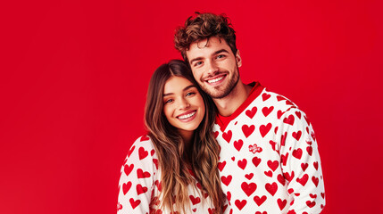 Couple in love in stylish home pajamas with hearts print.