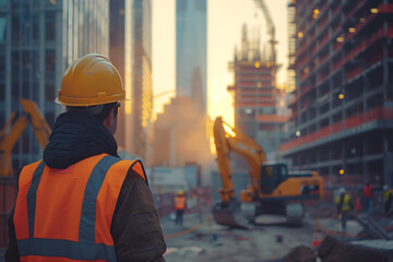 Construction Worker Overseeing Urban Development Site at Sunset