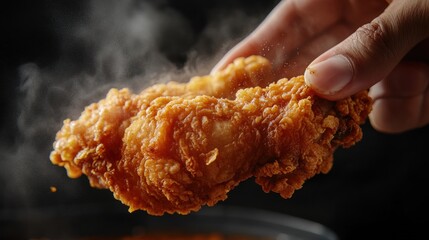 A hand holding a piece of hot, crispy fried chicken with steam rising.