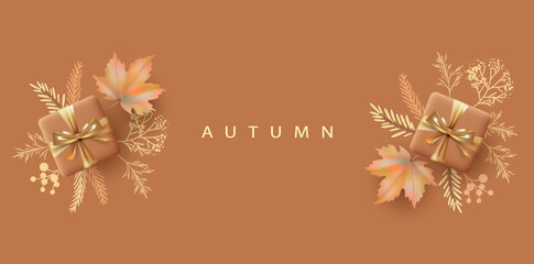 Poster - Autumn banner with maple leaves and and gifts. Abstract fall background