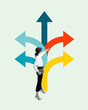 © master1305 - Woman points confidently at one of many diverging arrows, representing strategic decision-making and making right clear choices Contemporary art collage. Concept of business, achievement, development
